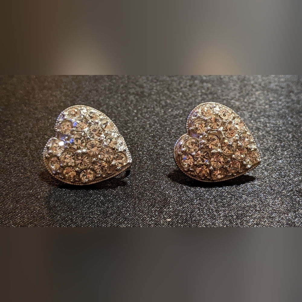 Vintage Bogoff Heart Shaped Screwback Earrings Clear Crystal Encrusted Signed
